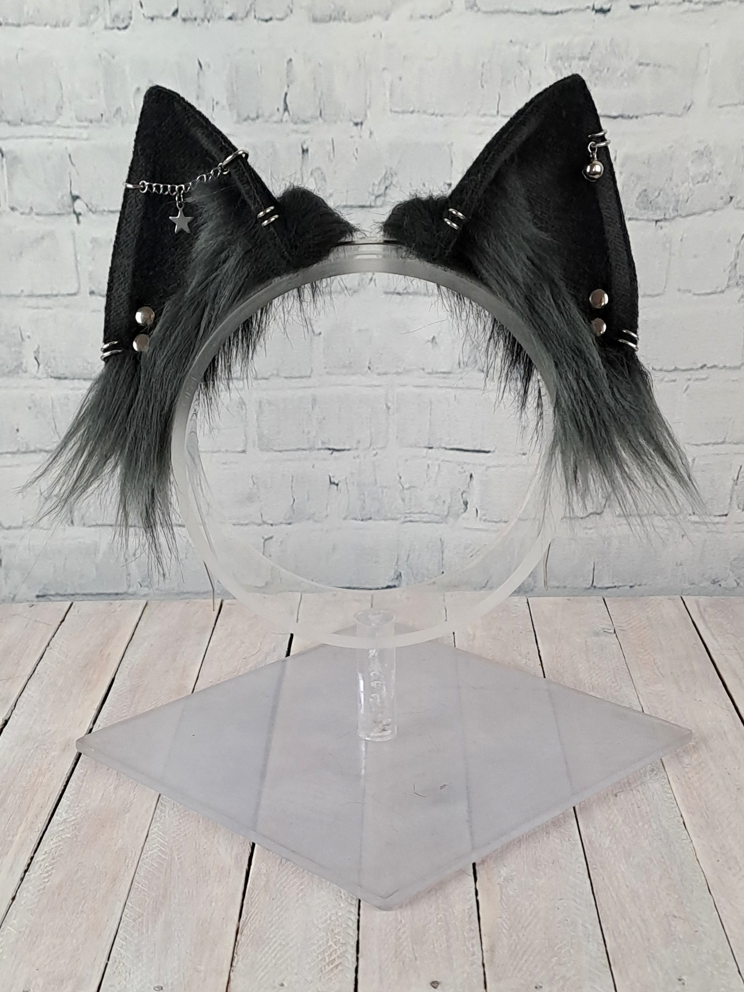 Shadow Cat Ears - Grey and Black with Silver Piercings