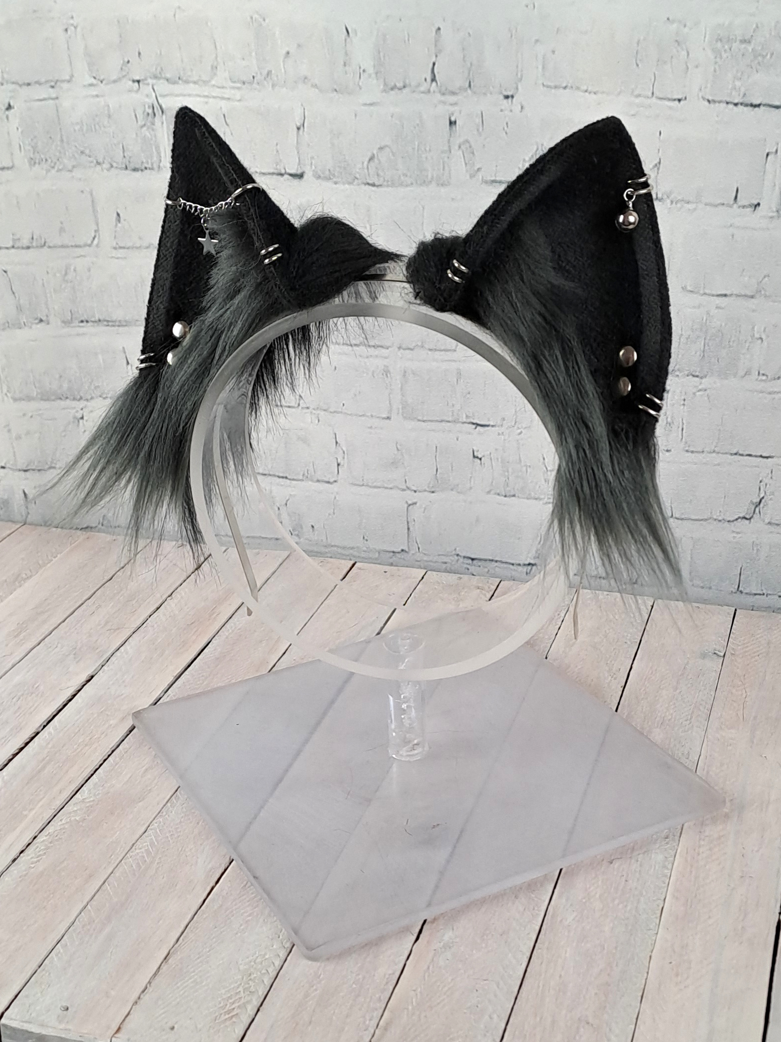 Shadow Cat Ears - Grey and Black with Silver Piercings